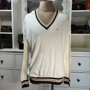 Sean John Mens V Neck Sweater Cream Brown Trim Logo Size XXXL